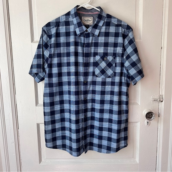Flag & Anthem Men’s Short Sleeve Button Down Collared Shirt Blue Plaid Cotton Lg - Picture 7 of 14